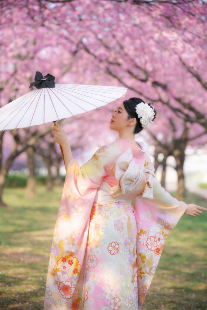 Furisode kimono photoshoot with cherry blossoms and Japanese parasol