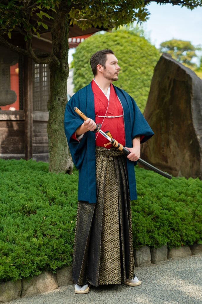 Men kimono rental in Asakusa with hakama and samurai style look
