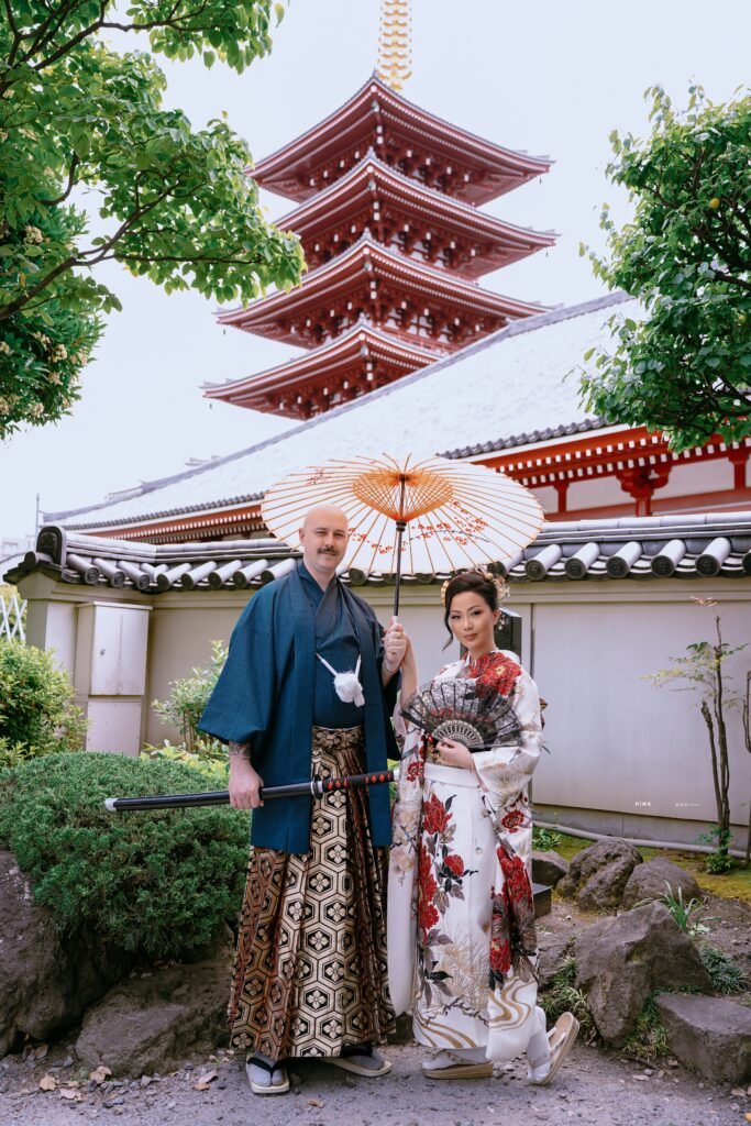 Couple wearing premium furisode kimono walking near Sensoji Temple Asakusa Tokyo
