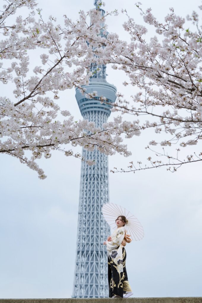 Woman wearing premium furisode kimono with Tokyo Skytree view Asakusa Tokyo