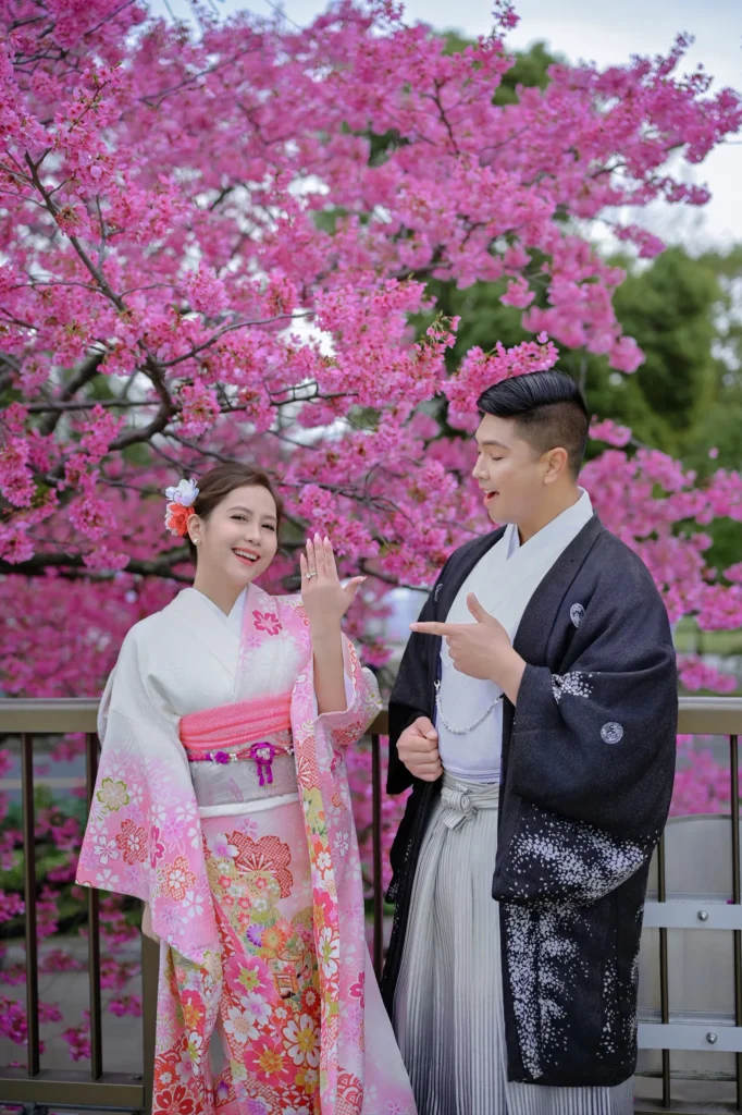 Couple wearing premium furisode kimono walking near Sumida Park Tokyo