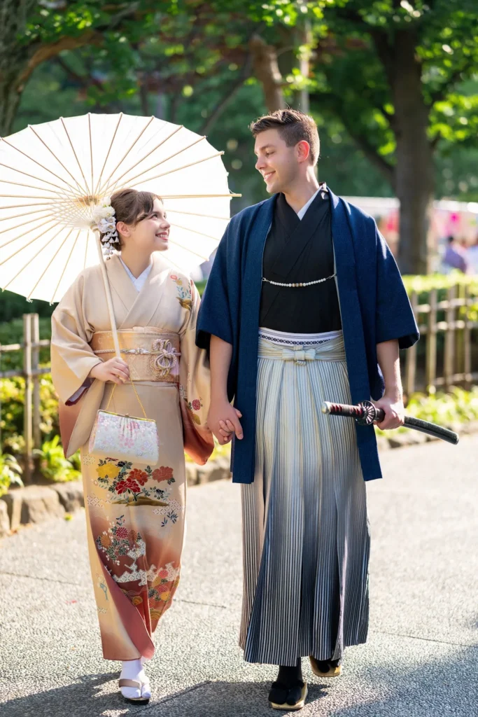 Couple in traditional kimono and men's montsuki hakama at Sensoji Temple, Asakusa Tokyo — woman holding wagasa