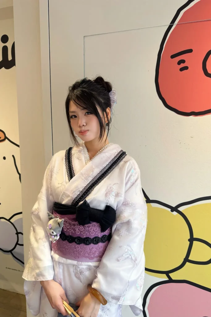 Character kimono rental in Asakusa with pastel lace styling and kawaii accessories