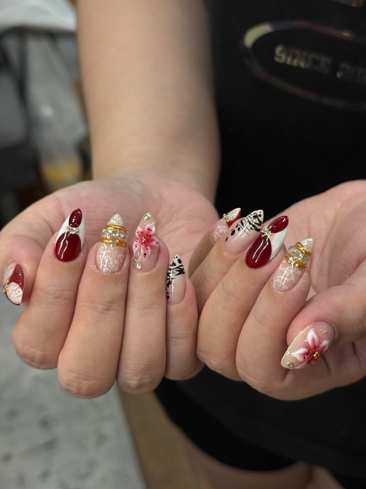 Burgundy nail art with 3D cherry blossoms and white lace detail, Miao Nail Asakusa