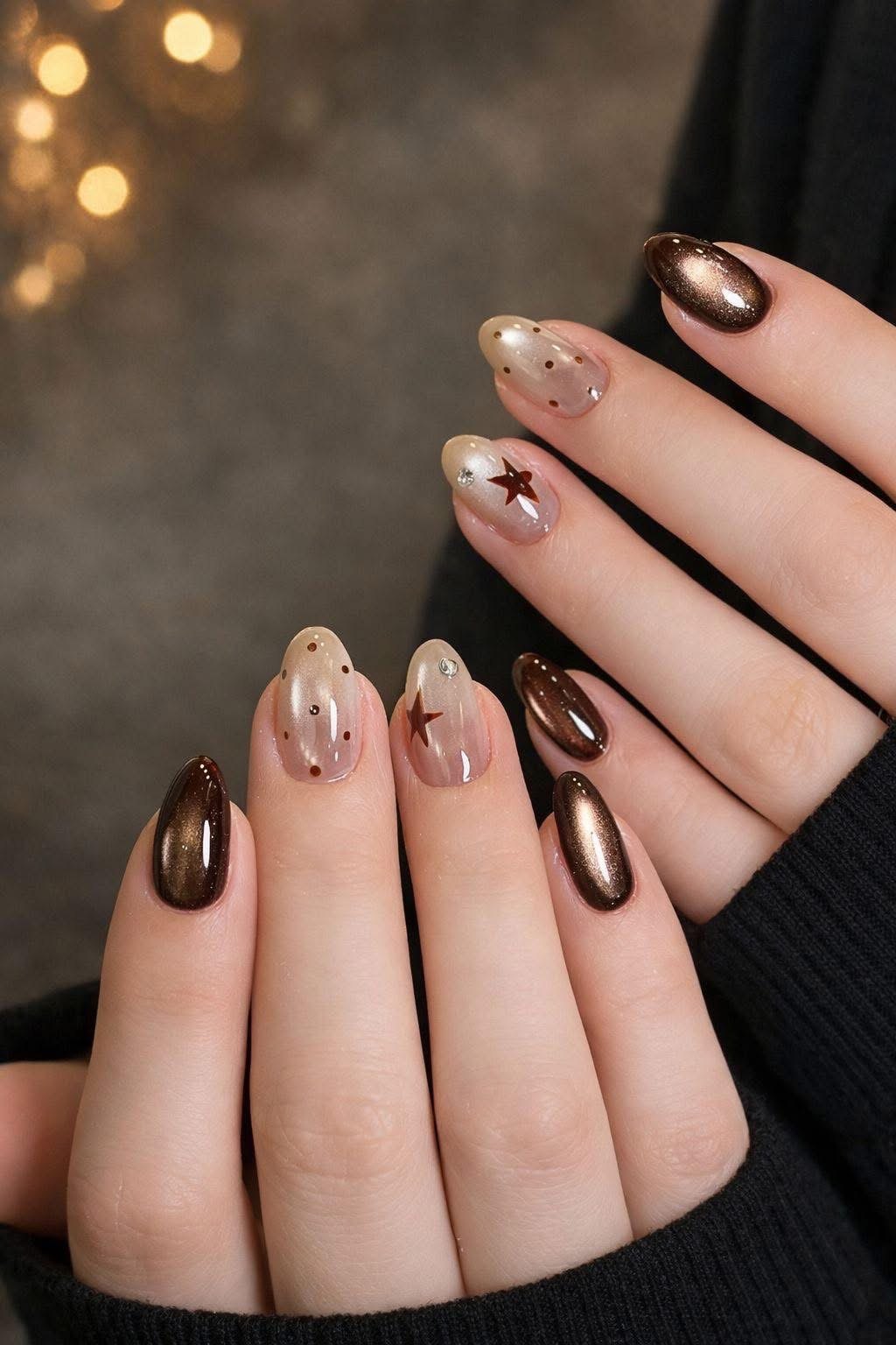 Chocolate brown chrome and nude one-colour gel nails, Miao Nail Asakusa