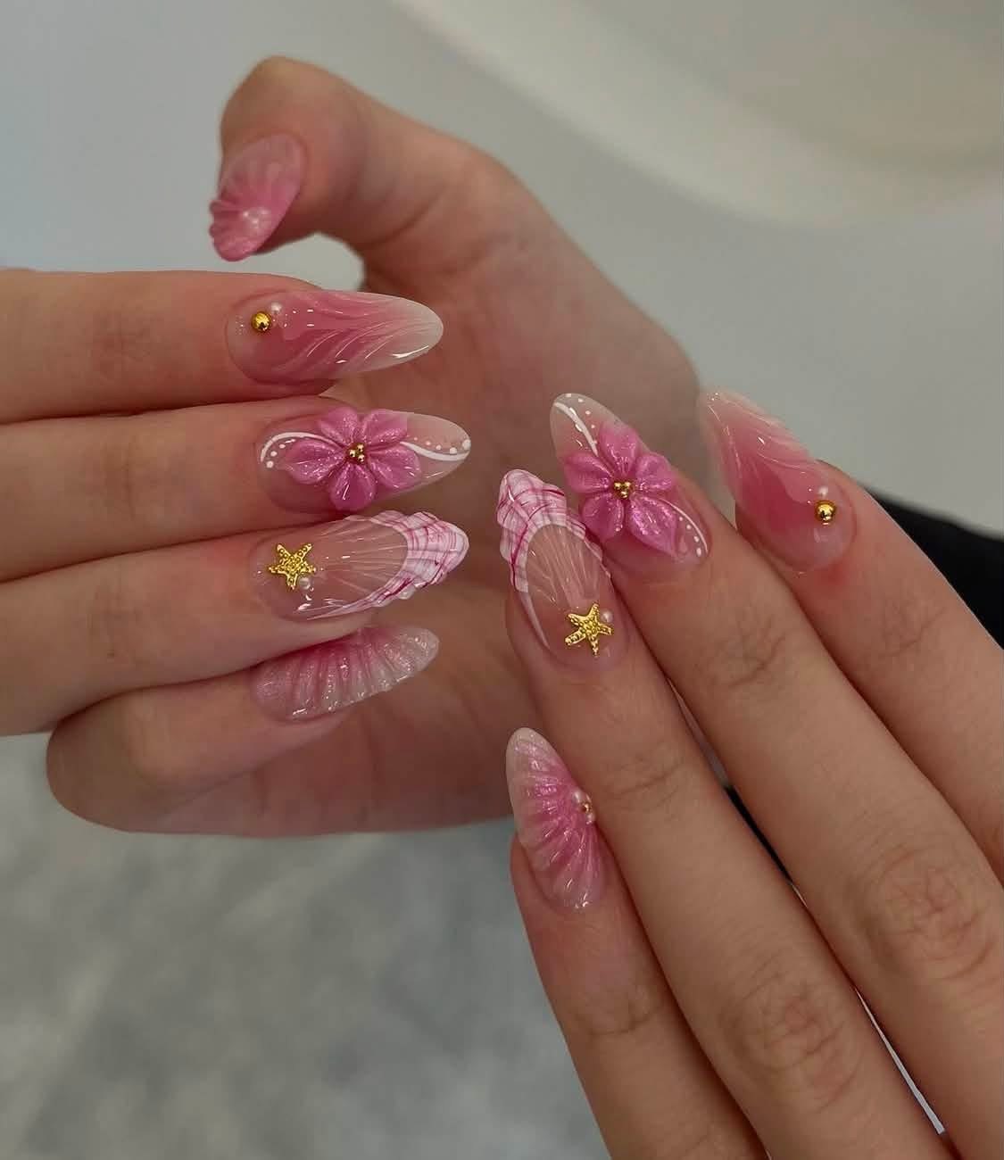 Pink sakura 3D gel nail art with gold accents, done at Miao Nail Asakusa