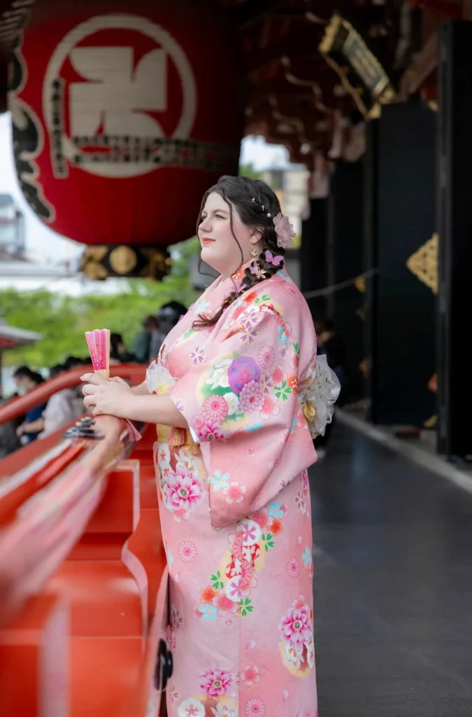 Plus size kimono rental in Asakusa at Sensoji Temple with pink floral design