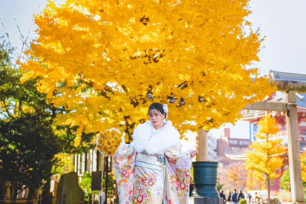 Woman in furisode in front of a giant golden ginkgo tree at Sensoji Temple in autumn, Asakusa