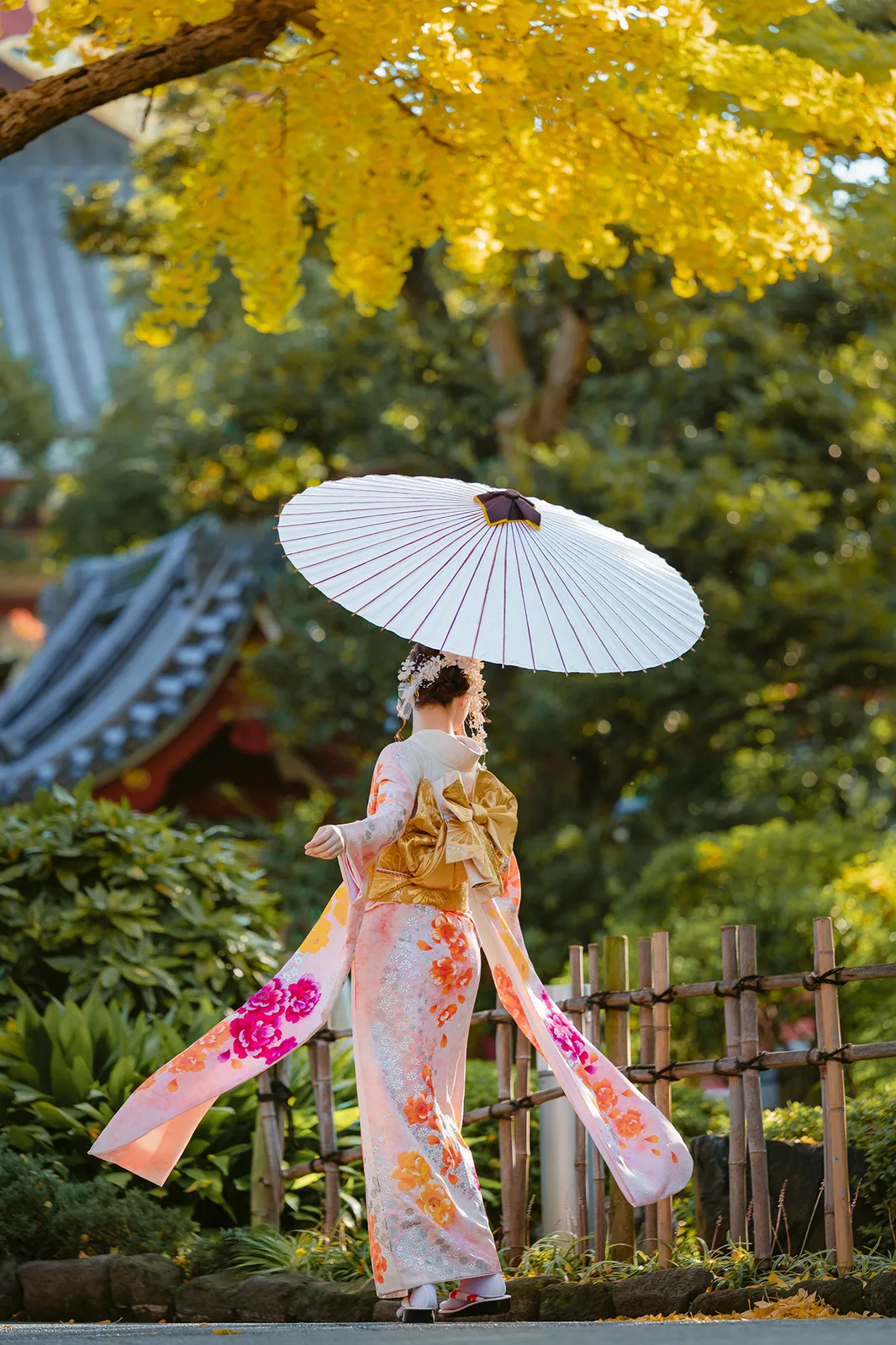 Woman in pink kimono twirling with a paper umbrella under yellow ginkgo leaves at Sensoji, Asakusa