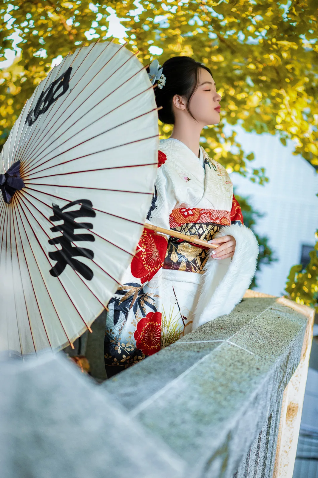 Woman in furisode holding a Japanese paper umbrella among yellow ginkgo leaves at Matsuchiyama Shoden