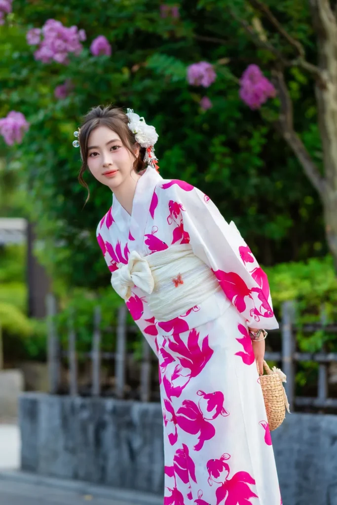 Woman in a white yukata with pink floral print, cream obi bow and basket bag – yukata rental in Asakusa at Kimono Rental Ann